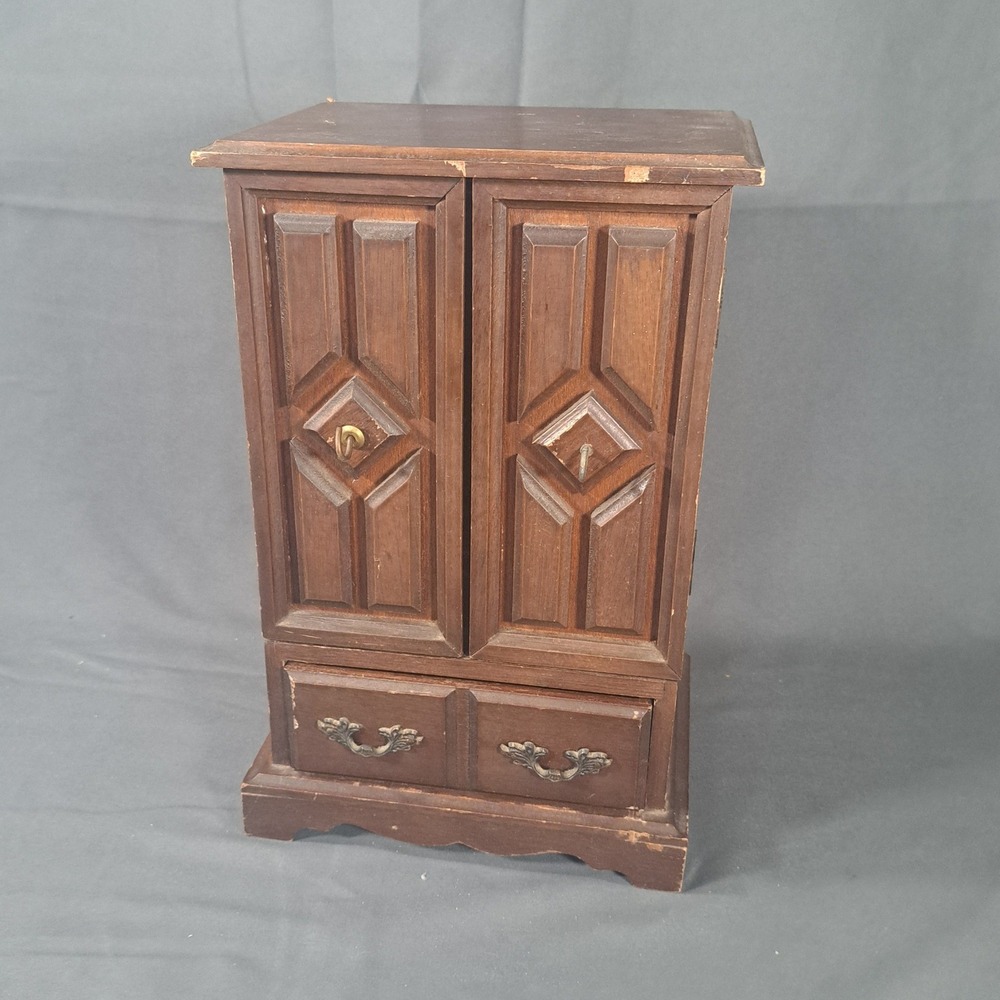 VTG Wooden Jewelry Armoire Music Box Cabinet Chest Brown Gold Boho Traditional